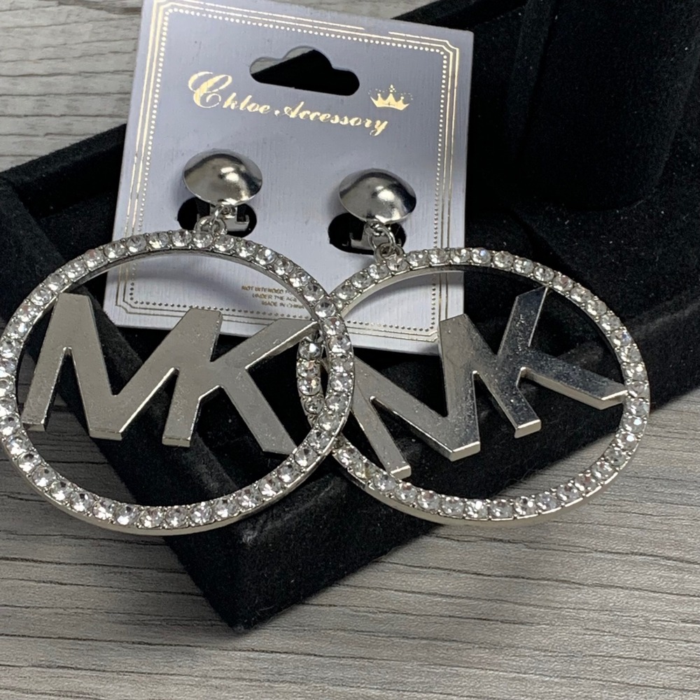 Silver MK Logo Hoop Clip On Earrings Pave Crystal Rhinestone 2 Inch Round